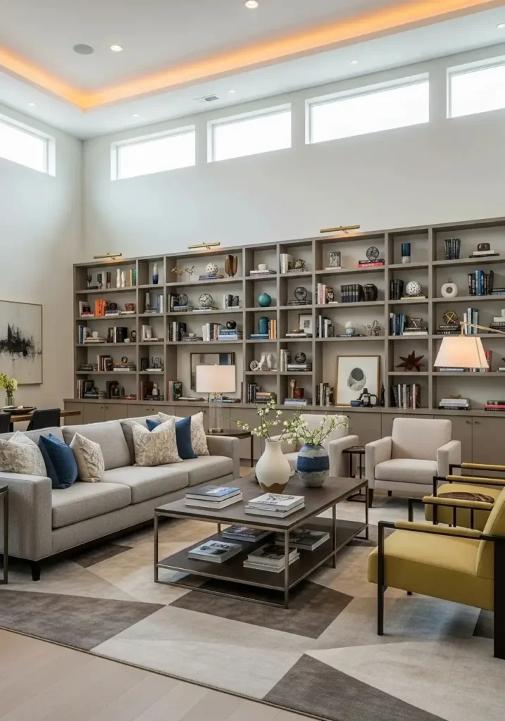 built in shelves in long living room wall