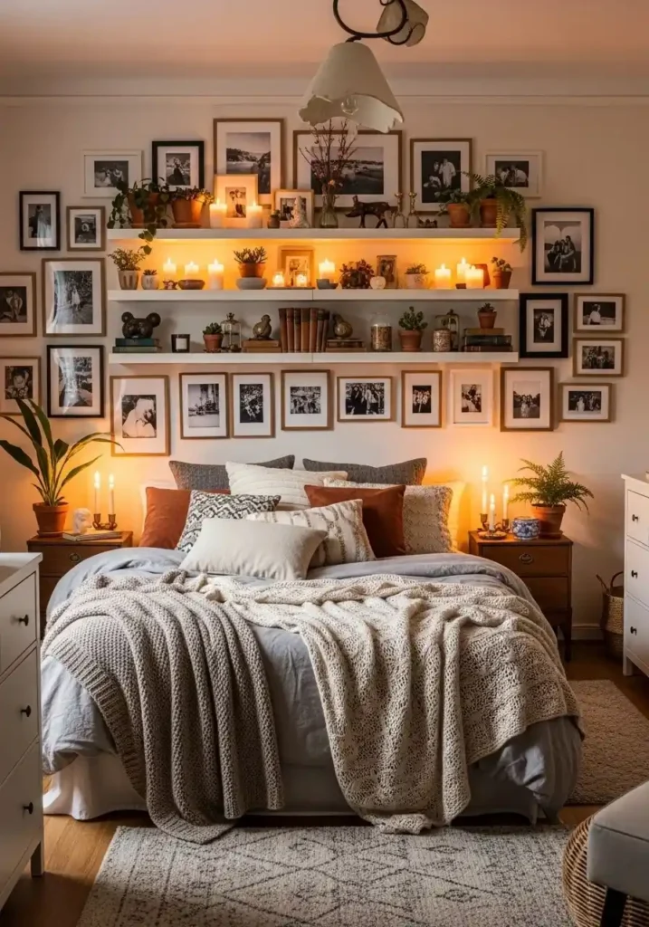 College bedroom photo wall with shelves, plants, and decorative elements.