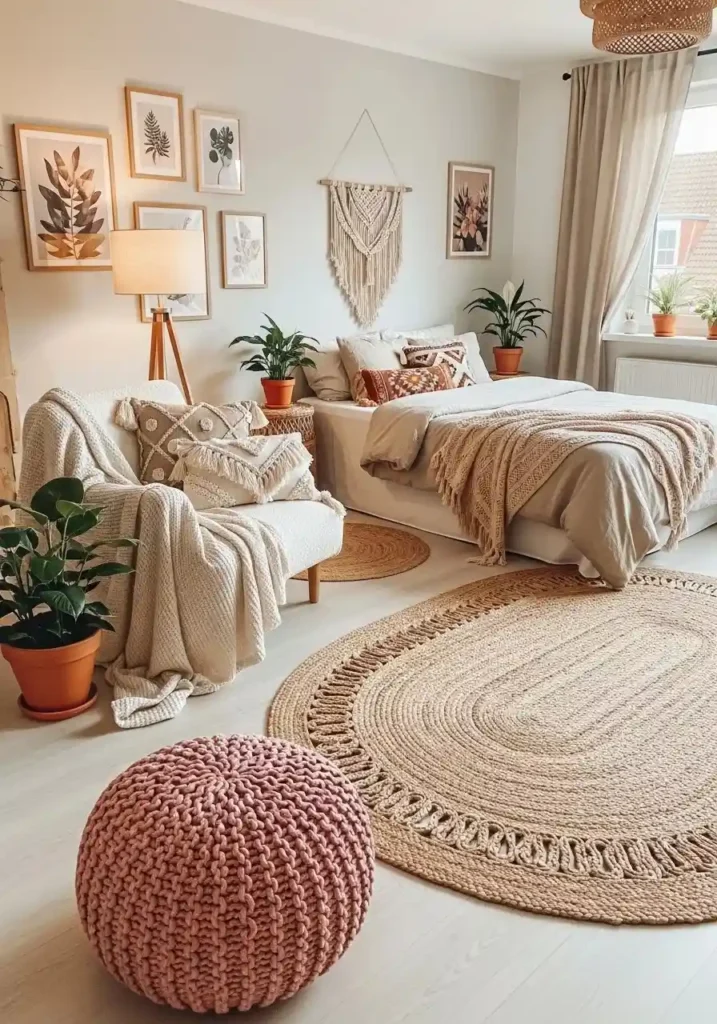 Dusty pink boho pouf used as cozy bedroom decor