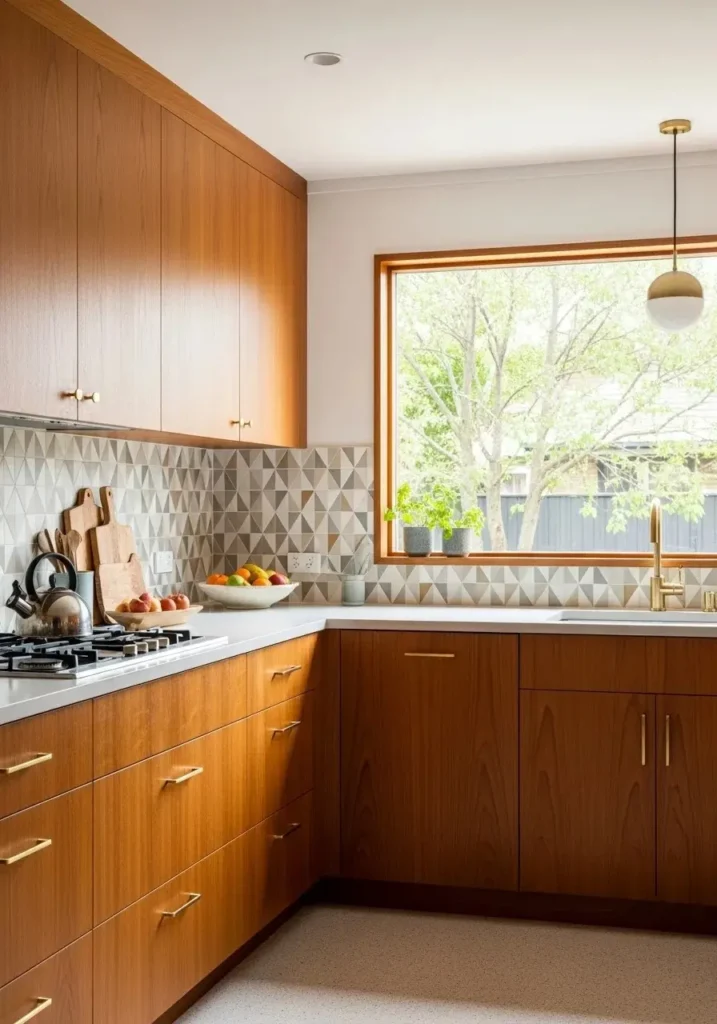 Mid-century kitchen with teak wood cabinets and brass accents.