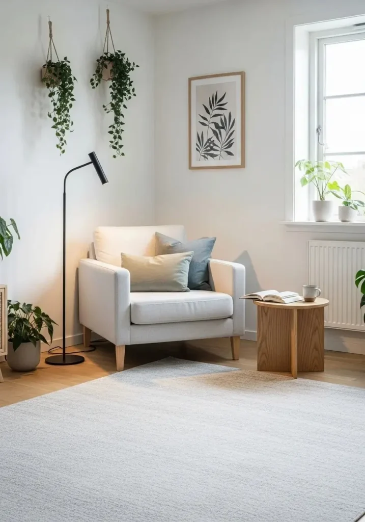 Scandinavian living room with cozy reading corner.