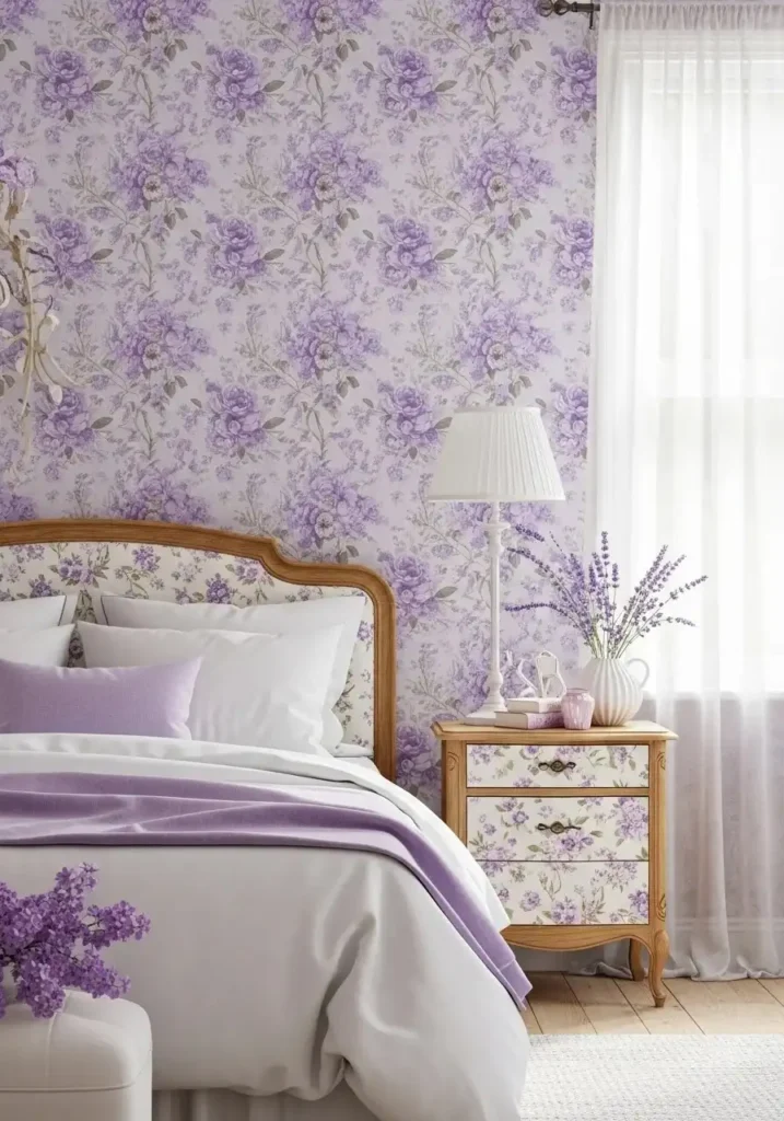 lavender floral wallpaper bedroom