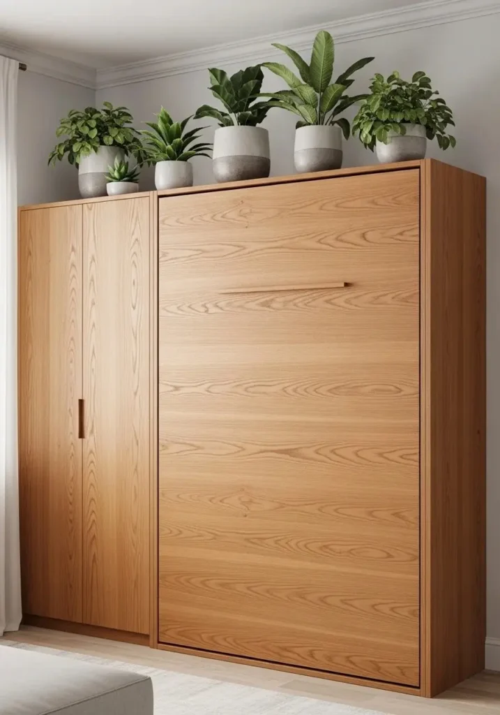 Murphy bed with integrated wardrobe storage, offering both sleeping and organization in one unit.