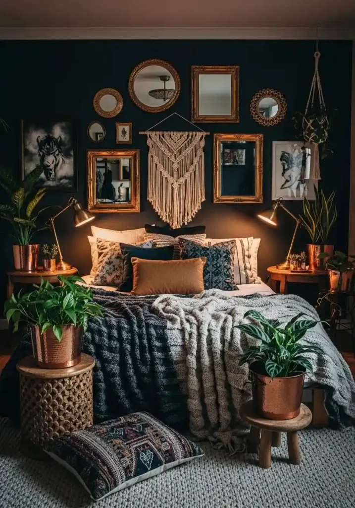 Dark boho bedroom with subtle metallic accents.