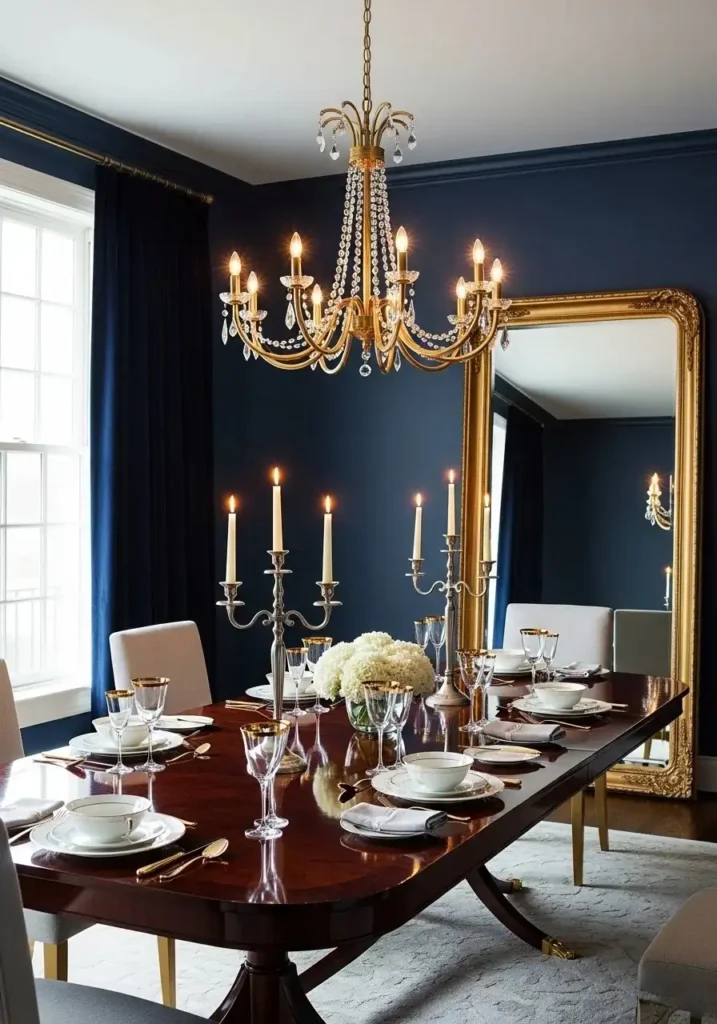Luxurious navy dining room with gold accents, chandeliers, and mirror, creating a glamorous dining atmosphere