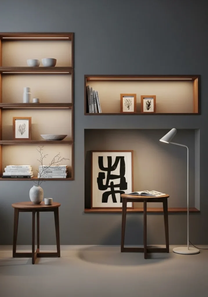 Gray living room walls accented with brown wood furniture and shelves for warmth and modern elegance.