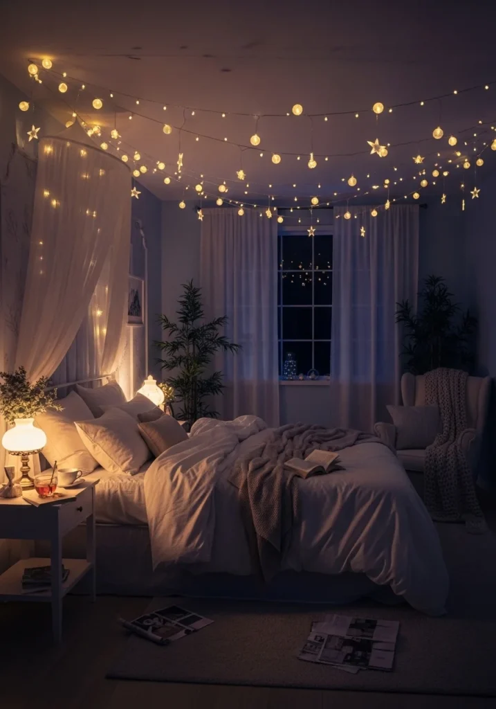 Bedroom ceiling decorated with fairy lights creating starry night effect