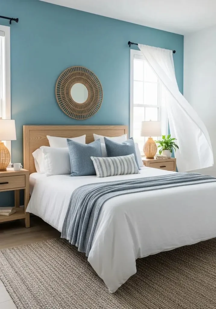 Blue and white coastal style bedroom with accent wall and natural textures for a fresh, beachy feel