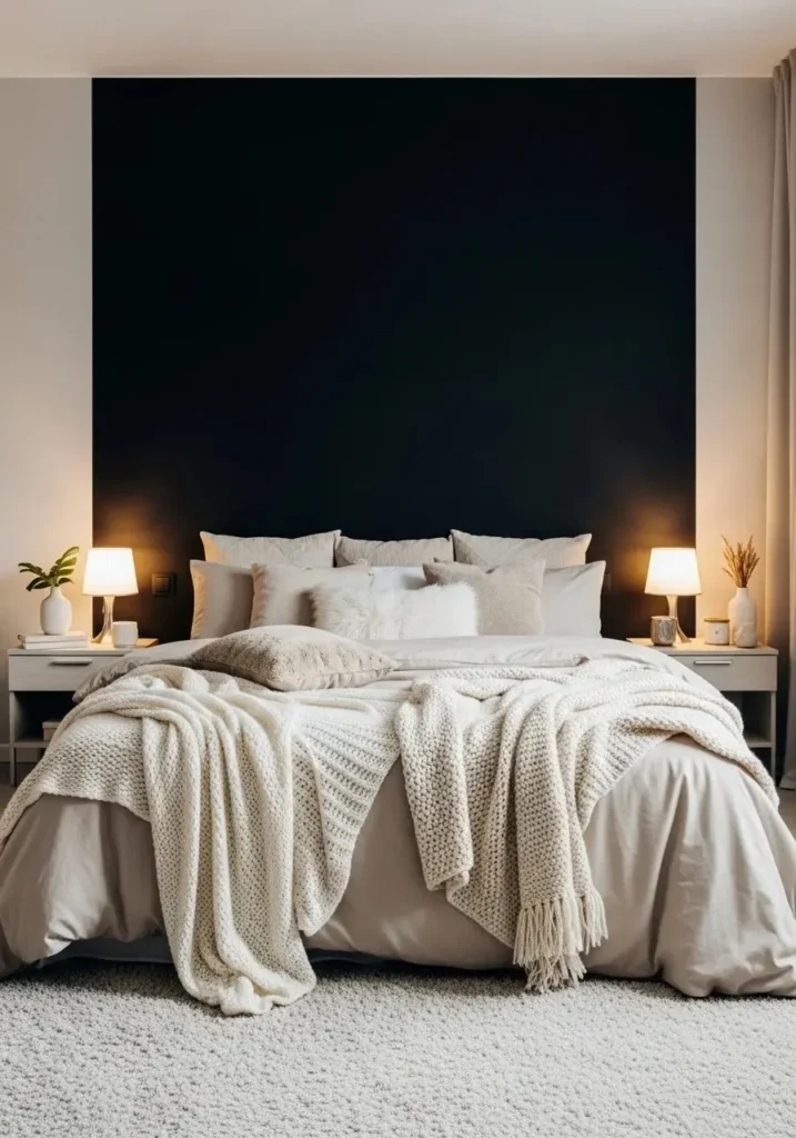 Black accent wall balanced with neutral layered bedding and textures