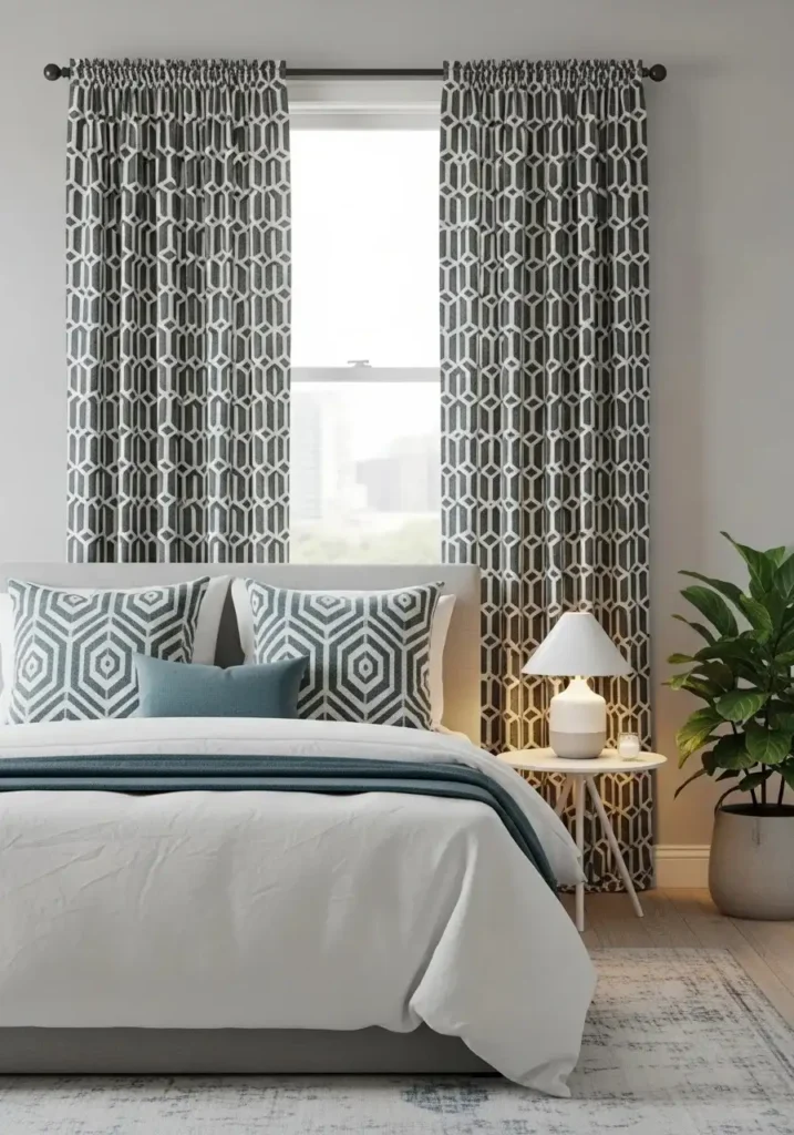 Bedroom with geometric patterned curtains adding visual interest.