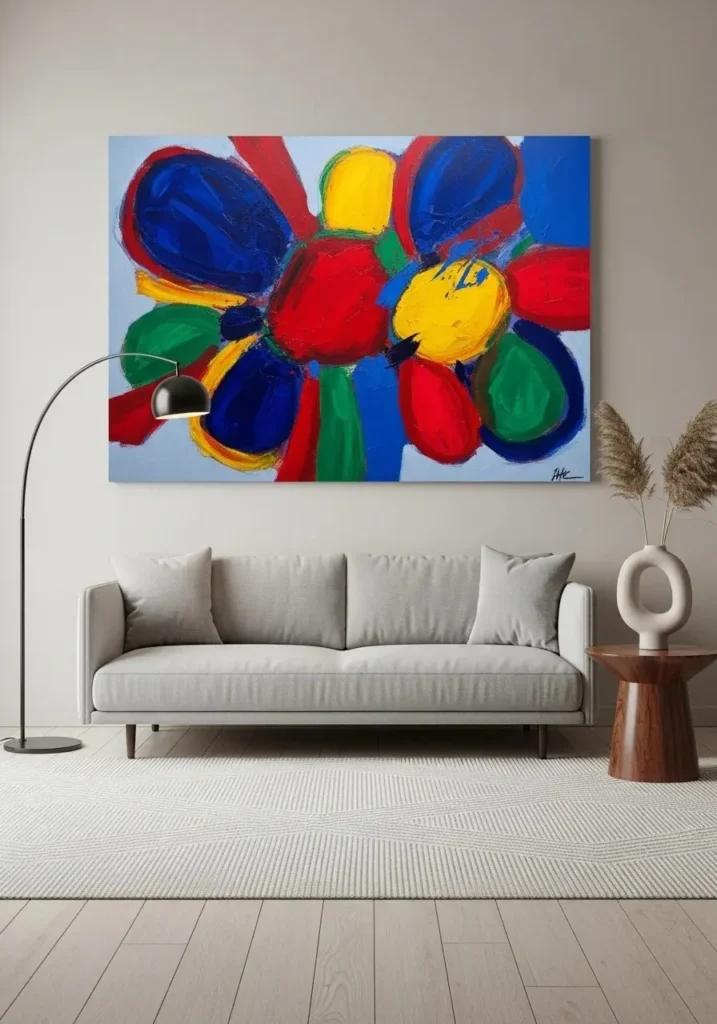Abstract wall art in a contemporary living room.