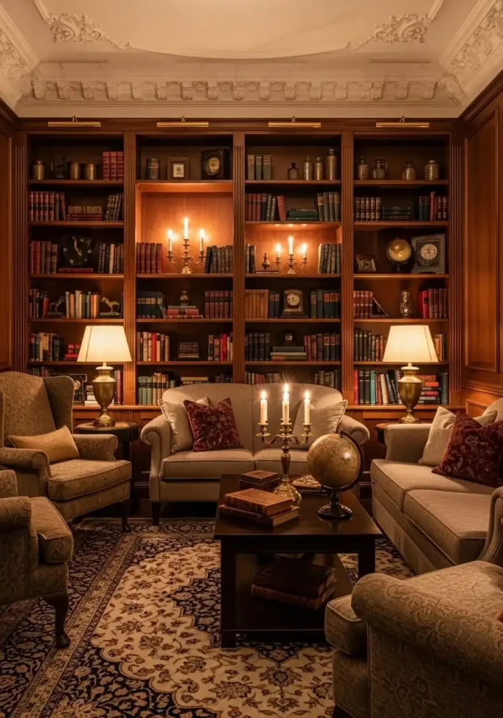 Tall bookshelves filled with books and antique decor in a cozy dark academia living room.
