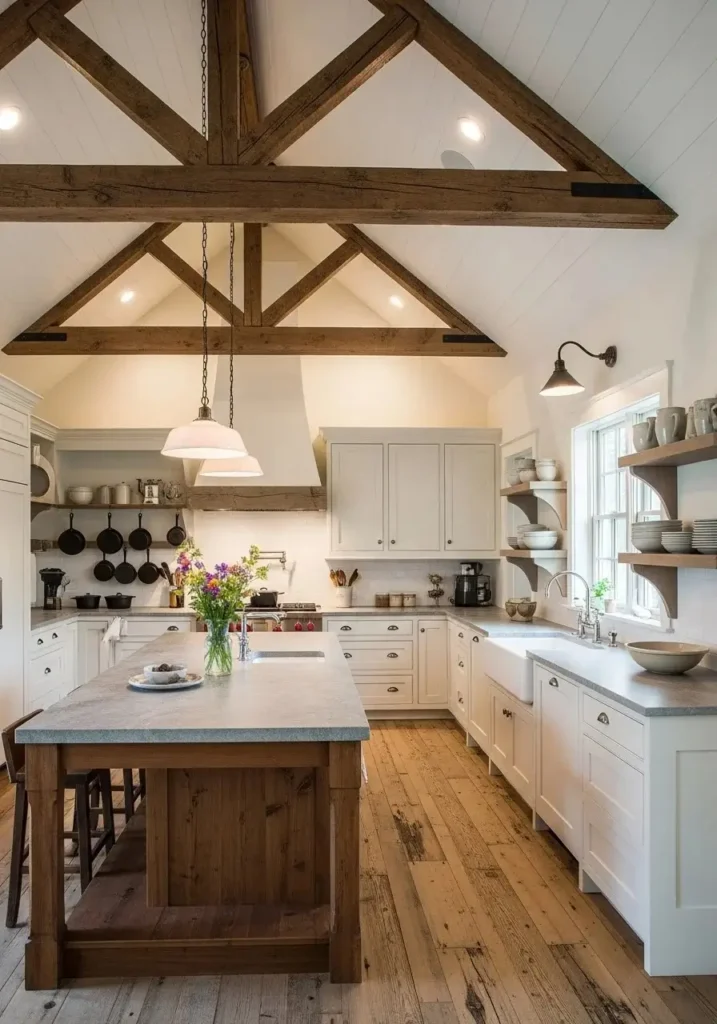 Kitchen with exposed wooden beams, white cabinets, and warm rustic charm