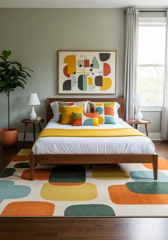 mid century bedroom with geometric patterns