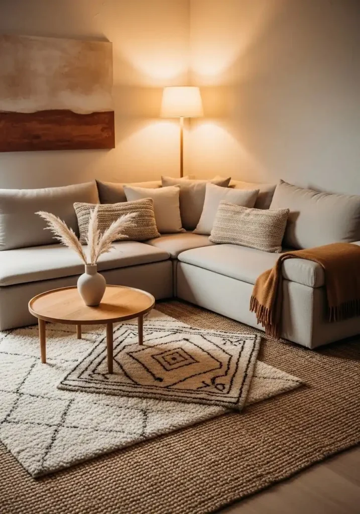 layered neutral carpets living room