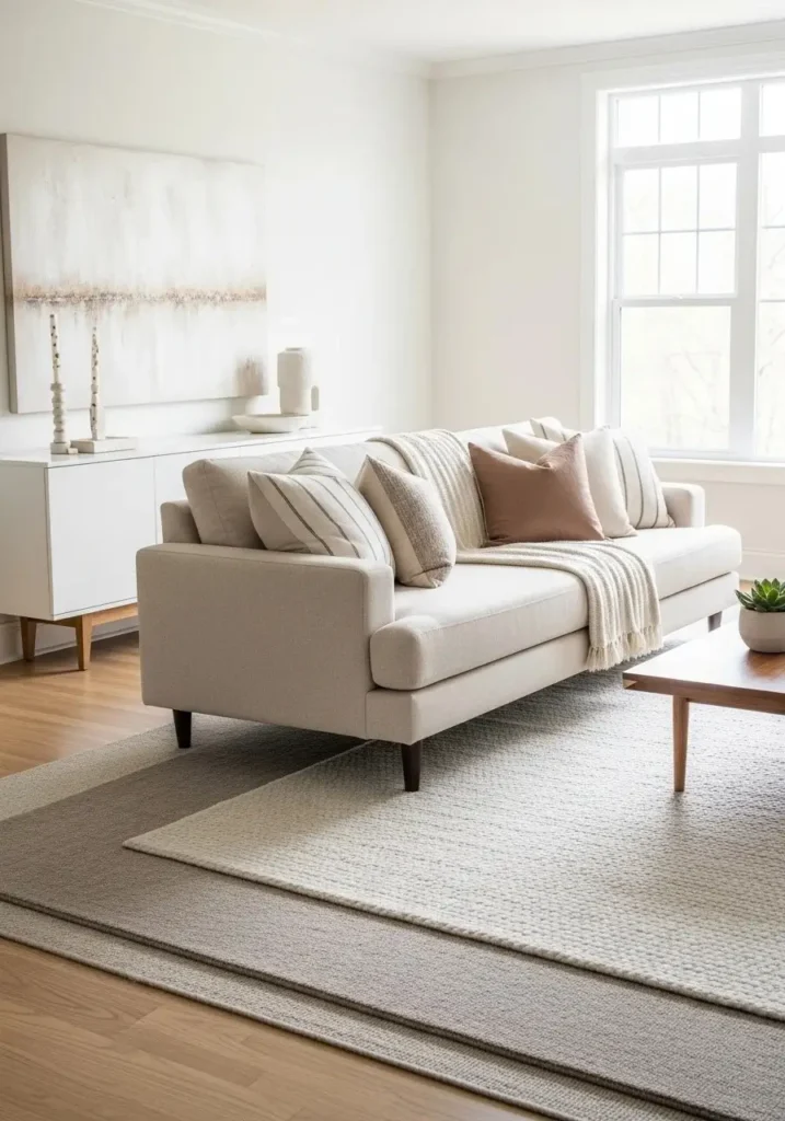 Beige couch styled in a monochrome palette with layered neutrals and textures for a minimalist chic look.