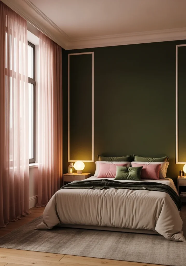 dark green wall with pink curtains bedroom decor