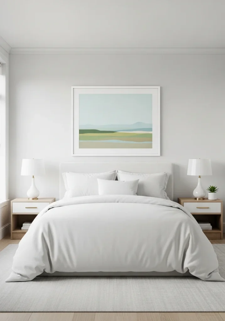 White bedroom featuring subtle monochrome artwork.