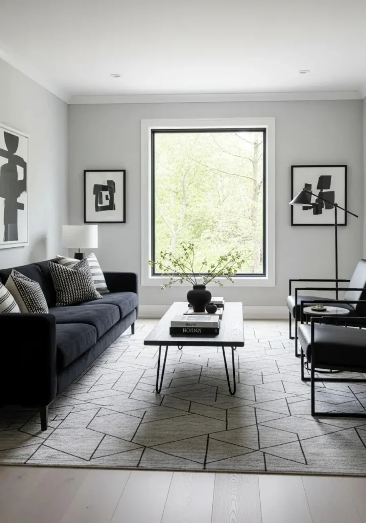 Light walls balancing dark furniture in a gray and black living room.