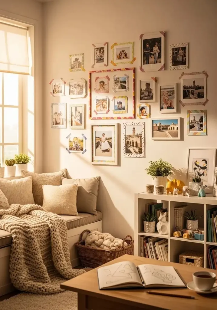 Photo wall with washi tape frames creating a fun college bedroom design.