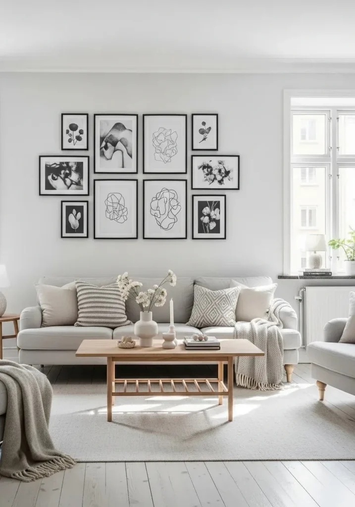 Scandinavian living room with simple gallery wall.