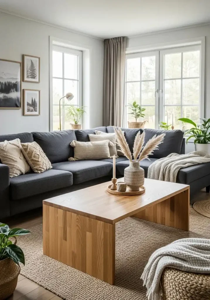 Living room with charcoal sofa and wooden coffee table for warm contrast.