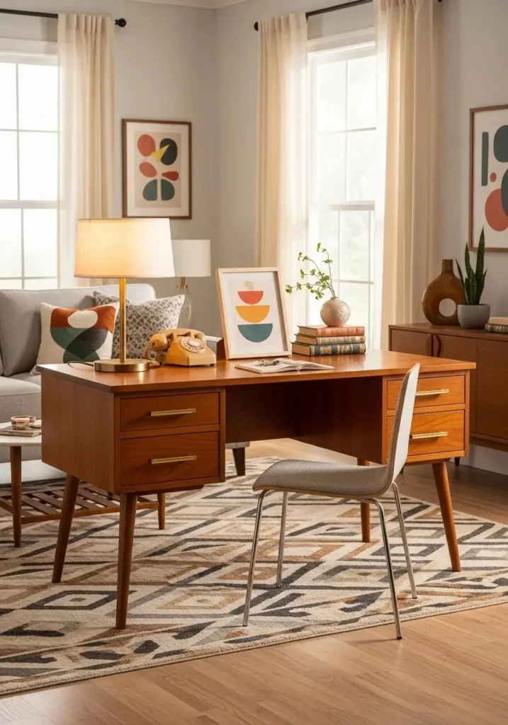 Retro desk with wooden finish and brass details in a stylish living room.