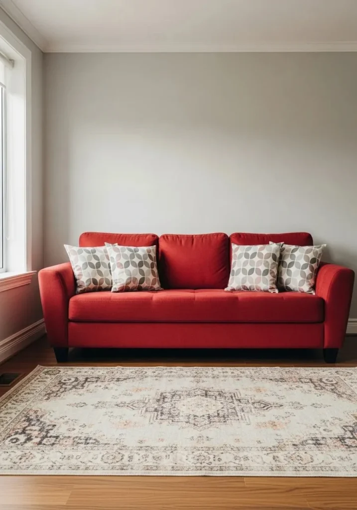 Red couch with patterned pillows and rug