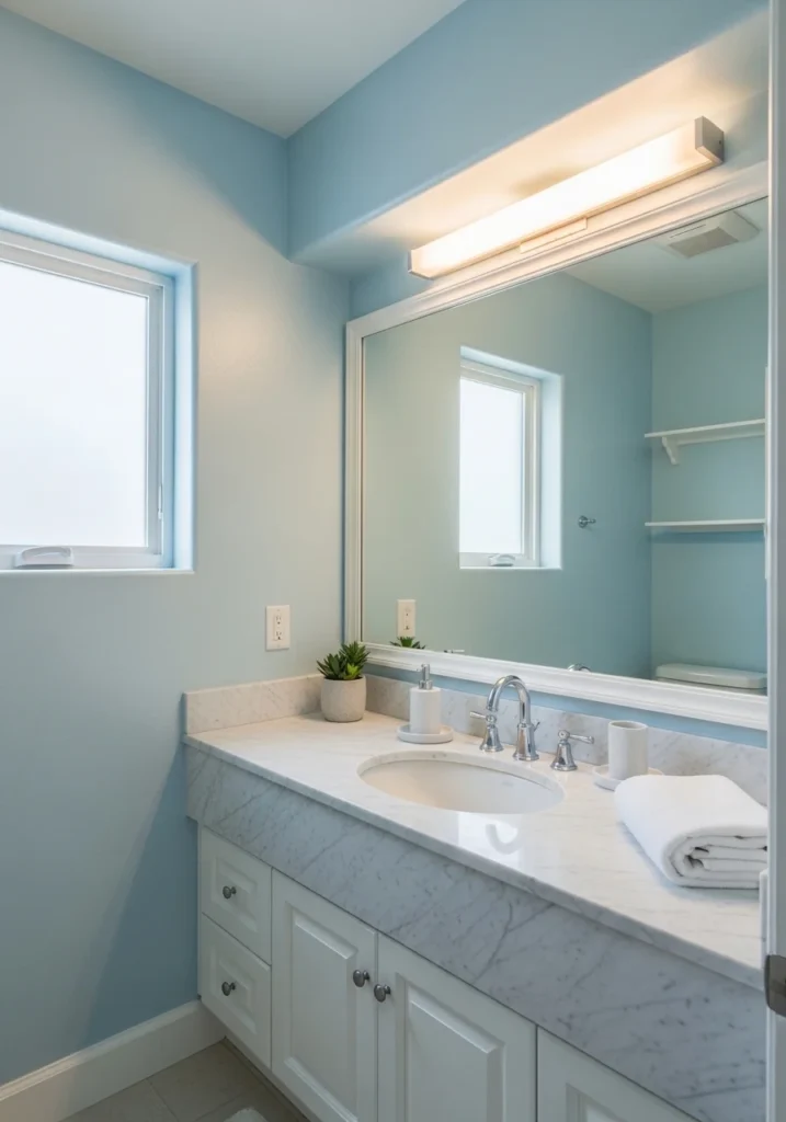 Light blue bathroom with white marble vanity.
