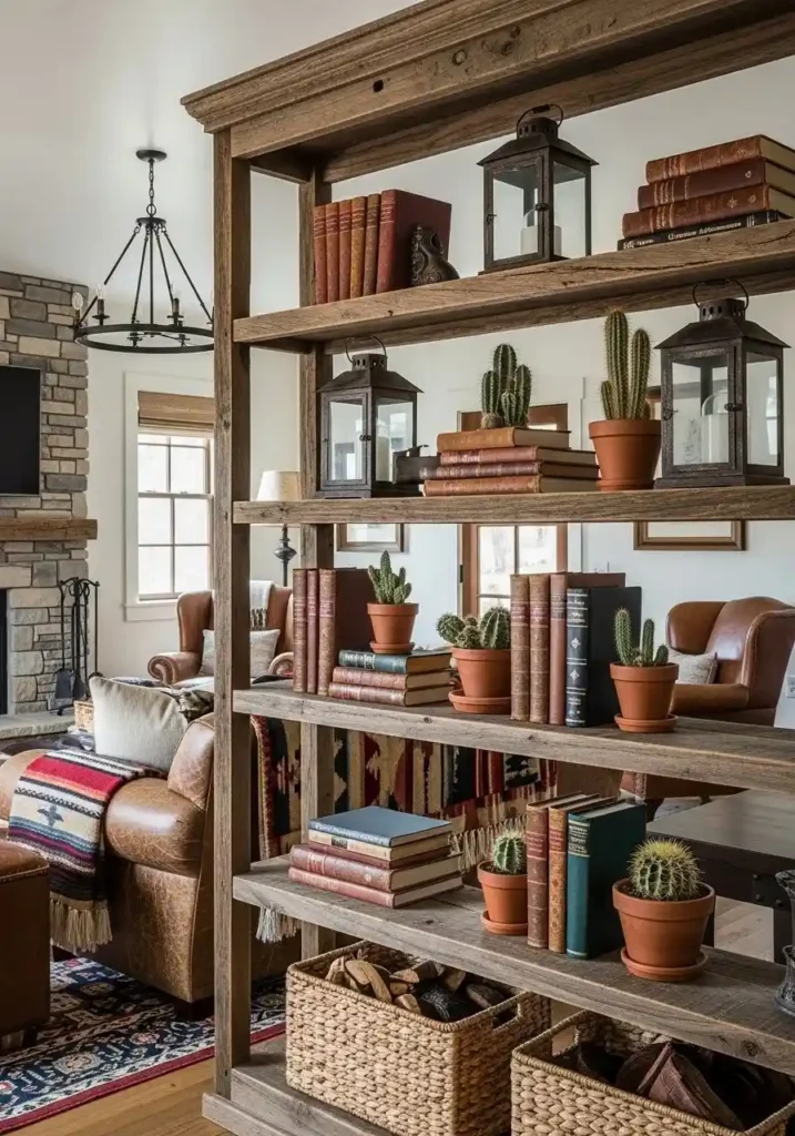 Reclaimed wood shelving with decor in a western-style living room.
