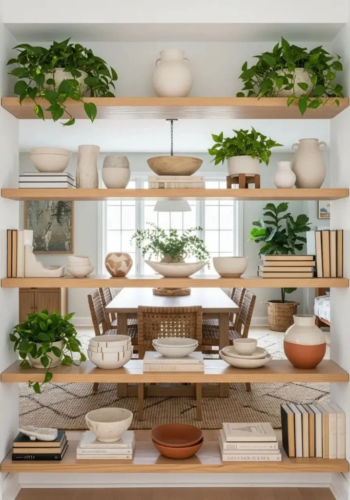 Boho dining room shelves styled with decor and plants for a layered look