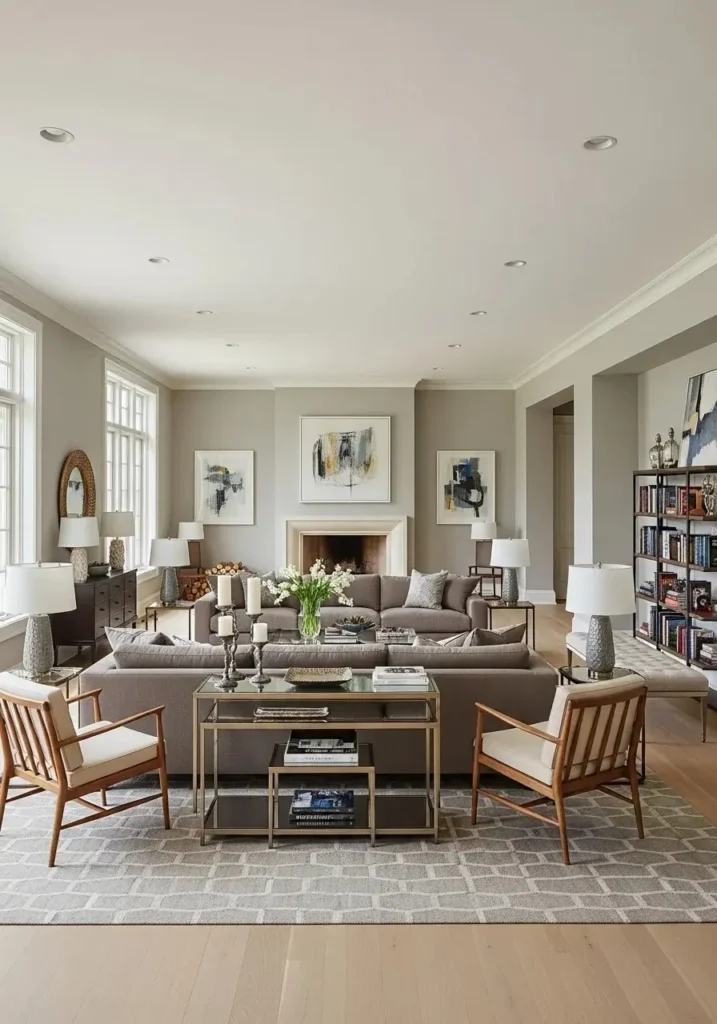 mixed furniture sizes in long living room design