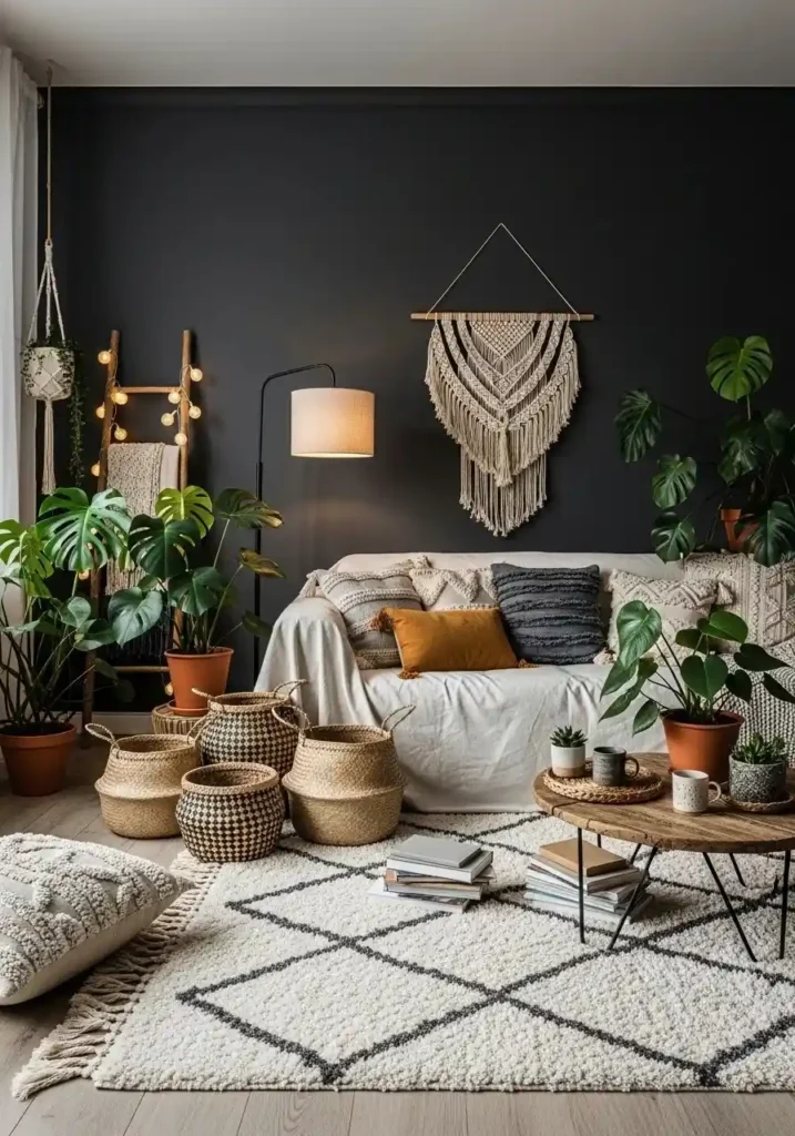 plants in dark boho living room