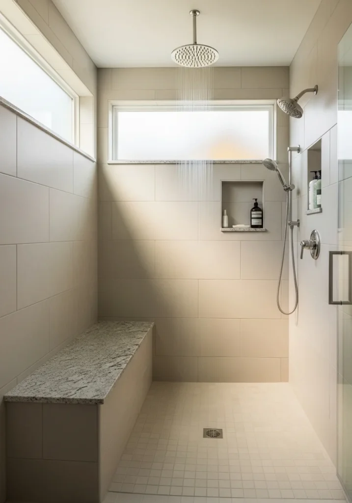 Walk-in shower with built-in stone bench and rainfall showerhead for comfort and functionality