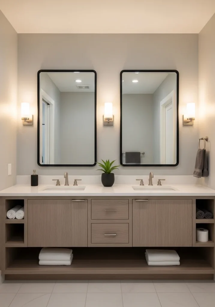 Two matching mirrors above a double bathroom vanity.