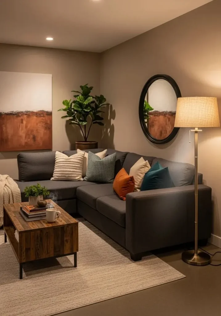 Charcoal couch with floor lamp adding style and soft lighting.