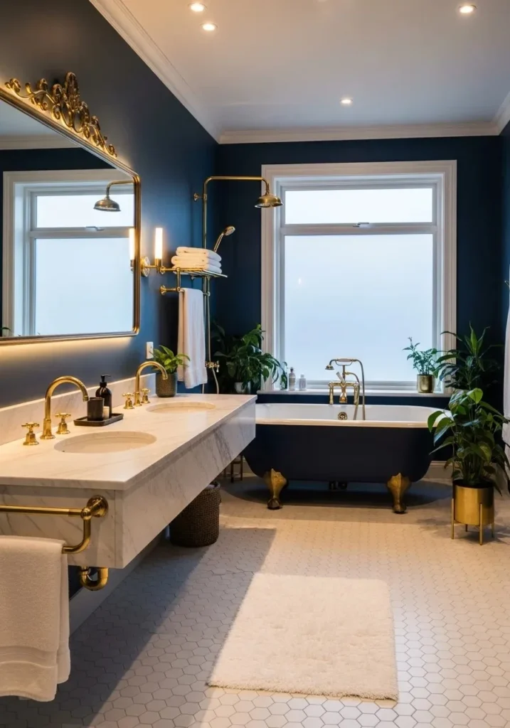 Luxurious bathroom with deep navy walls and brass accents.