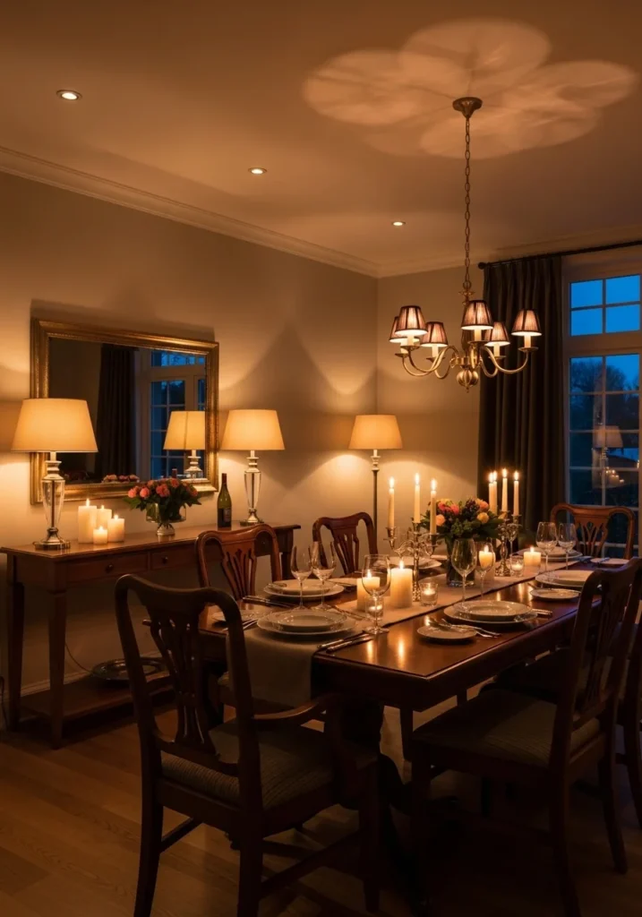 Boho dining room with layered lighting creating a warm and cozy mood