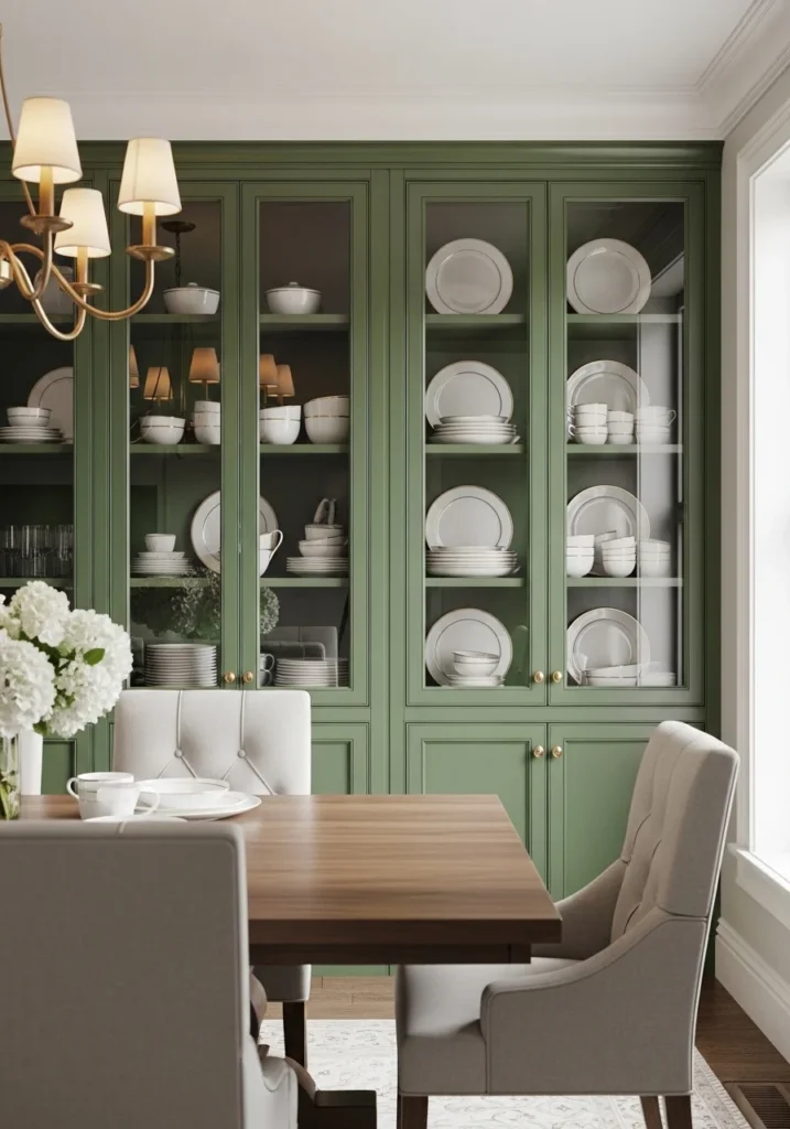 dark green built in cabinets in stylish dining room