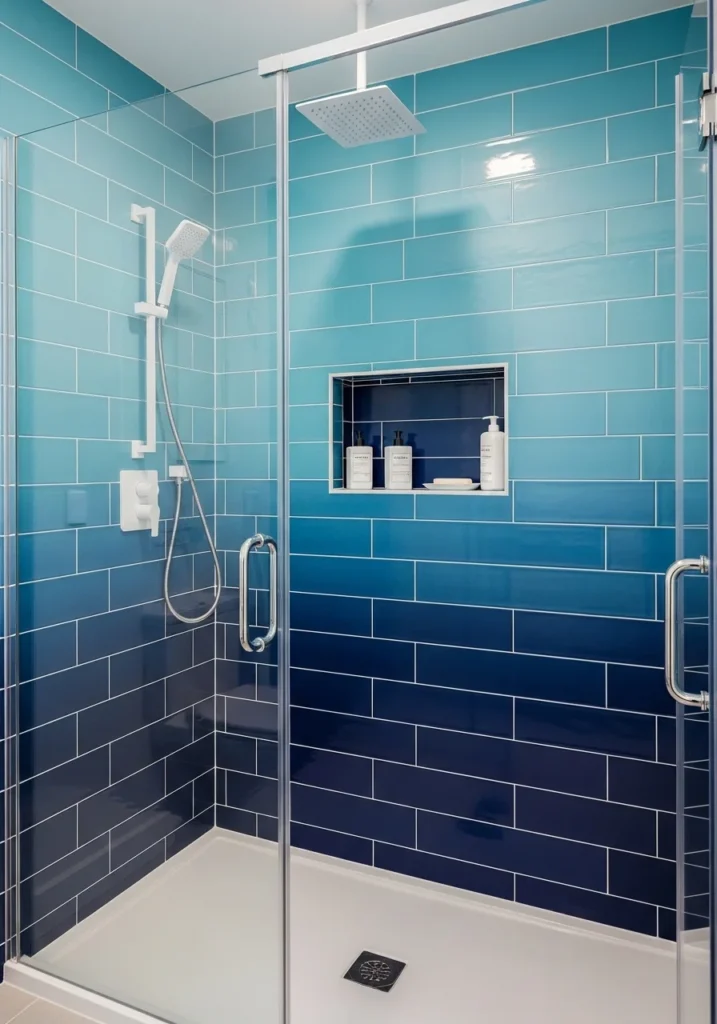 Ombre blue gradient tiles in shower.
