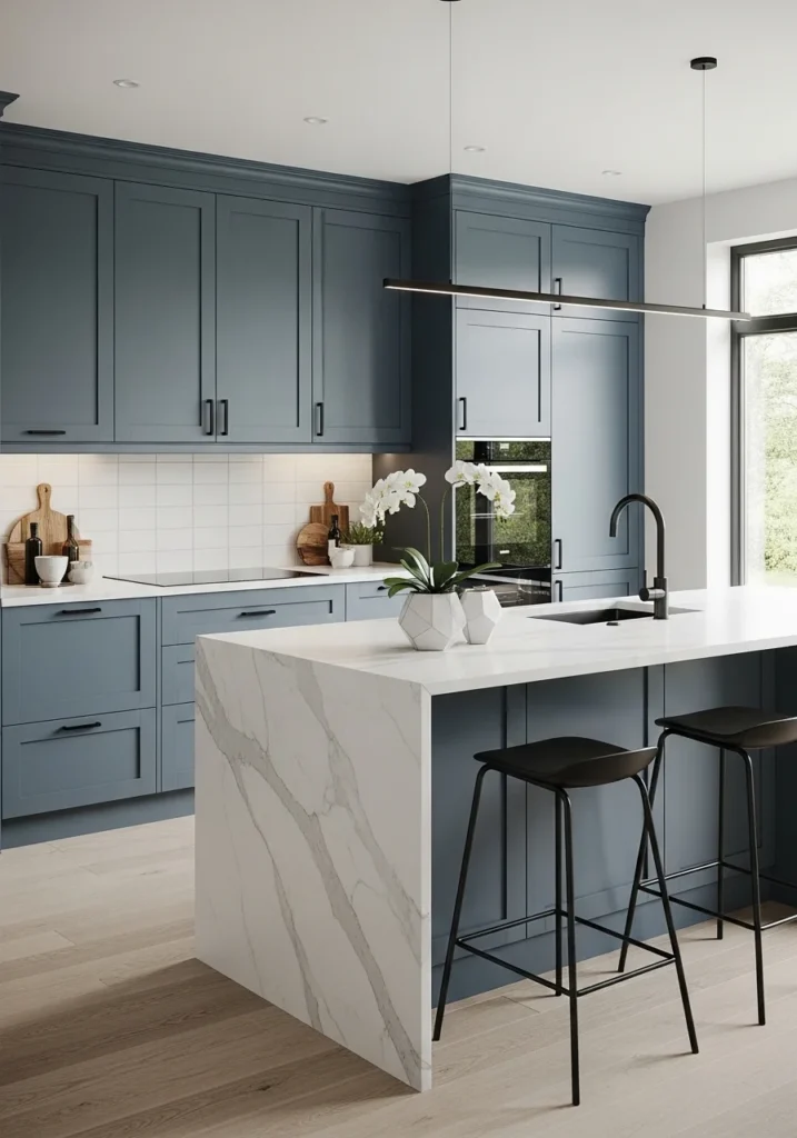 Matte blue kitchen cabinets with black hardware in a modern kitchen.