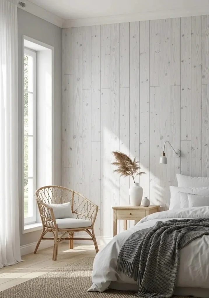 Light and airy bedroom with whitewashed wood accent wall and rattan accents.