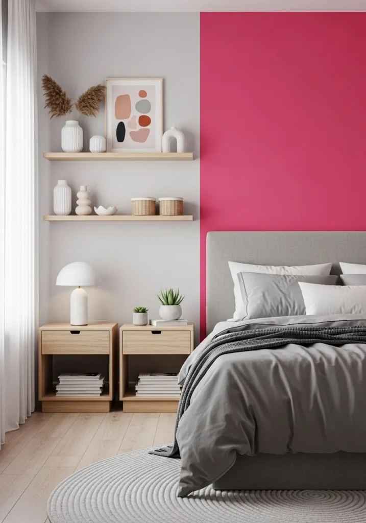 Pink accent wall in bedroom with gray bedding and neutral decor.