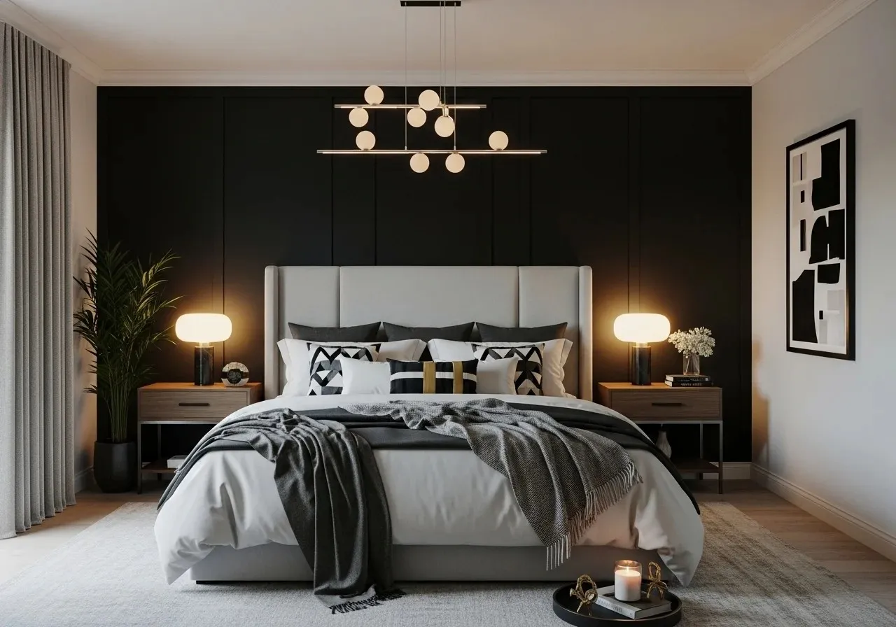 Beautiful black accent wall bedroom look