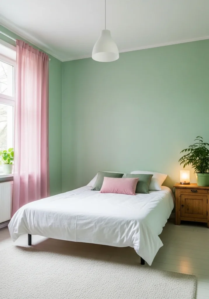 pink curtains with green walls bedroom idea