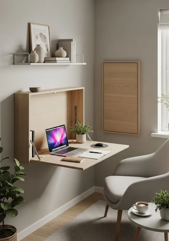 Corner desk with floating shelf in a cozy living room nook.