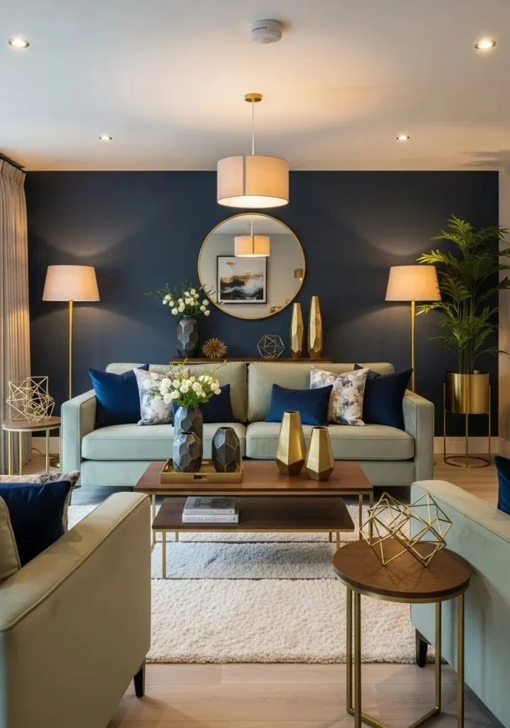 Metallic accents adding elegance to a navy and sage living room.