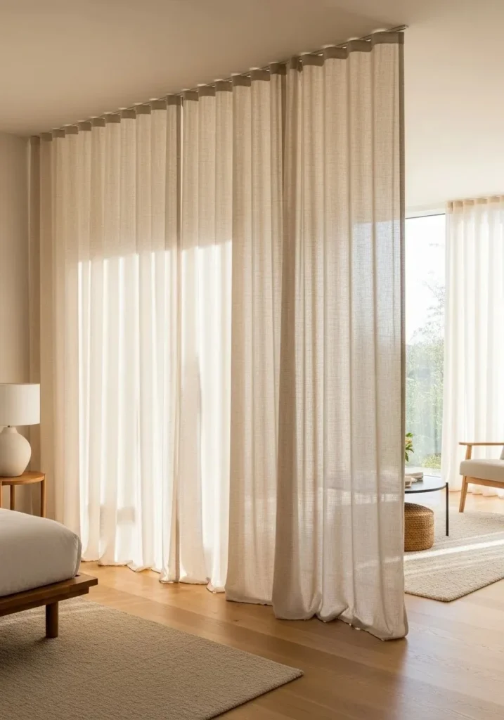 Light linen curtain separating bedroom area