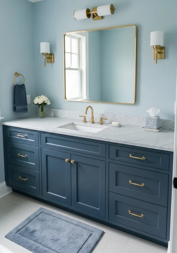 Navy cabinets paired with light blue walls in bathroom.