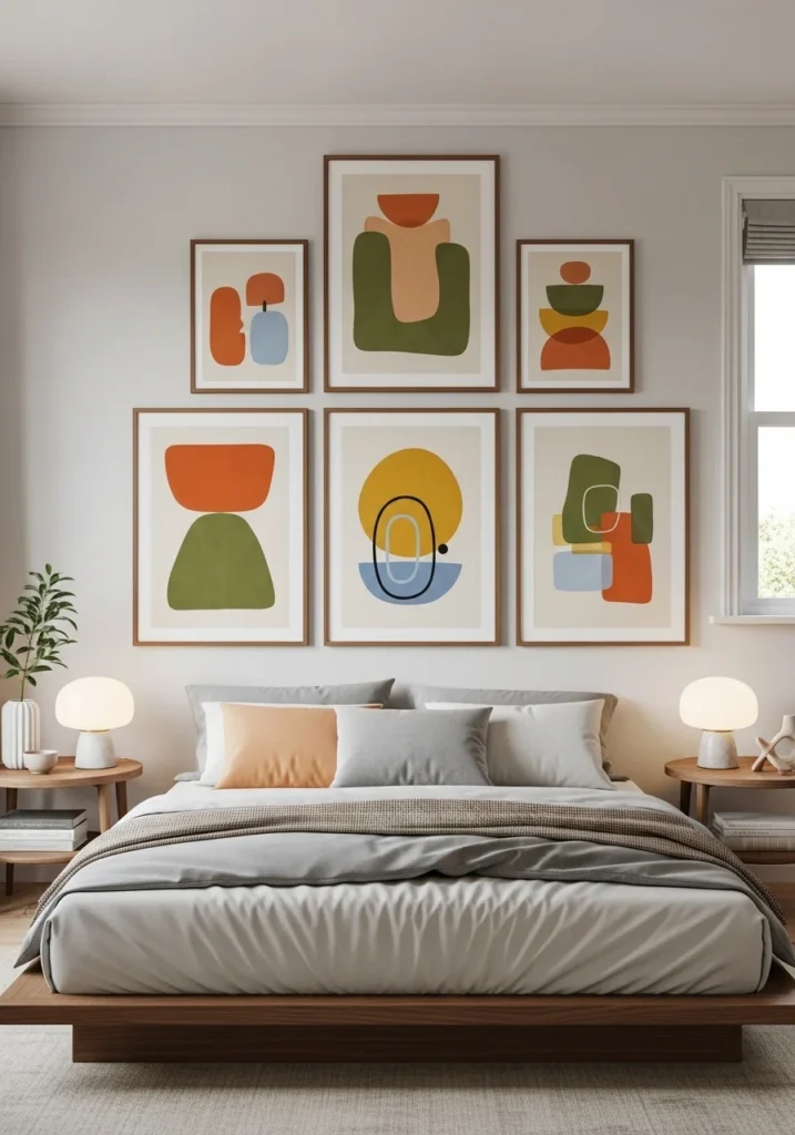 mid century bedroom with abstract wall art